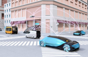 A rendering of connected vehicles, drones, and robots in a smart city, as described by OpenMind and DIMO.