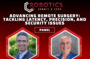 A promotional image for the Robotics Summit talk "Advancing Remote Surgery: Tackling Latency, Precision, and Security Issues."