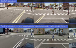 Images showing the difference between the CARLA simulator on its own, and working with Helm.ai's GenSim-2.