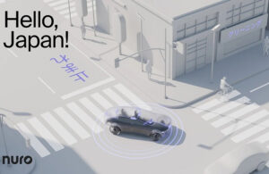 An illustration of a Nuro vehicle on a road in Japan.