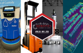 images of three mobile robots and perception software screenshot.