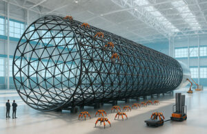 Visualization of a future-state aerospace manufacturing facility powered by swarm robotics — redefining how massive aerospace structures are built.