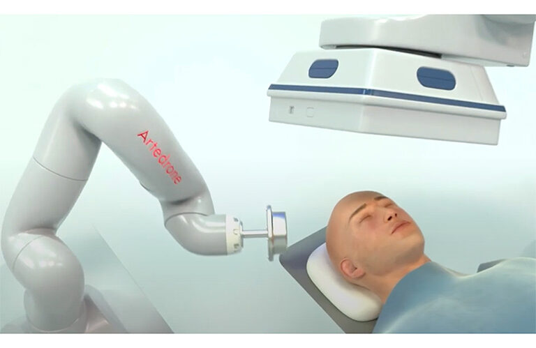 An illustration of a robotic arm approaching a patient.