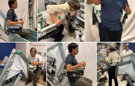 Six of multiple possible assistance scenarios with a prototype of a new robot being developed at MIT. Top row: getting into/out of a bathtub, bending down to reach objects, and catching a fall. Bottom row: powered sit-to-stand transition from a toilet, lifting a person from the floor, and walking assistance.
