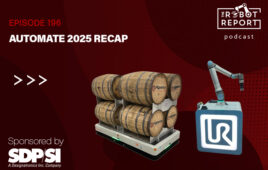 hero image of UR15 robot and an ABB AMR with wine barrels on it along with the podcast logo.