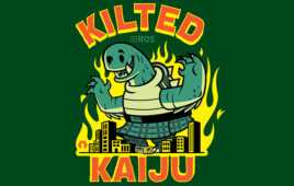 kilted kaiju logo in a green background.