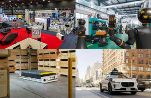 four images representing the top stories on the Robot Report in the past month. They include the Automate showfloor, Igus' new humanoid, an AMR form ABB, and a Waymo driving in Boston.