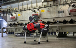 ANYmal, shown here in an industrial facility, can carry modular sensor payloads and detect machine noises and gas leaks, says ANYbotics.
