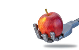 A robot hand holding an apple.