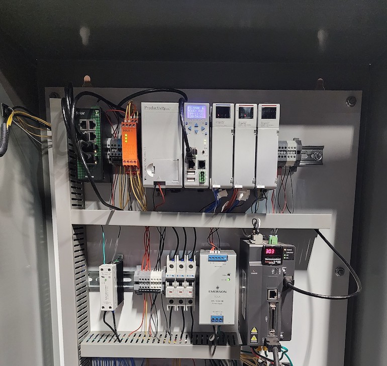Figure 2: An AutomationDirect Productivity 3000 PLC provided the programming, memory, and communications capabilities necessary to orchestrate operation of the SureServo2 drive with the robotic welder and other automation.