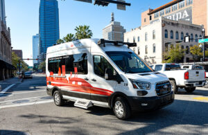 An autonomous NAVI vehicle on Jacksonville roads.