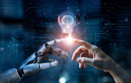 Ai generated image of a humanoid hand with finger outstretched, touching a human hand with finger outstretched.