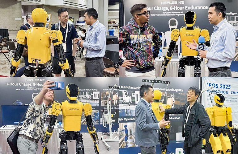 Kepler 부스를 방문하고 K2 Bumblebee 로봇으로 셀카를 찍는 다양한 사람들의 콜라주.
