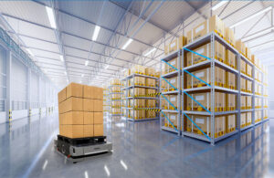 A pallet-sized AMR in a warehouse.