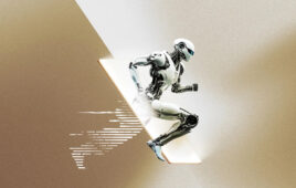 An illustration of a humanoid robot running through a glass barrier.