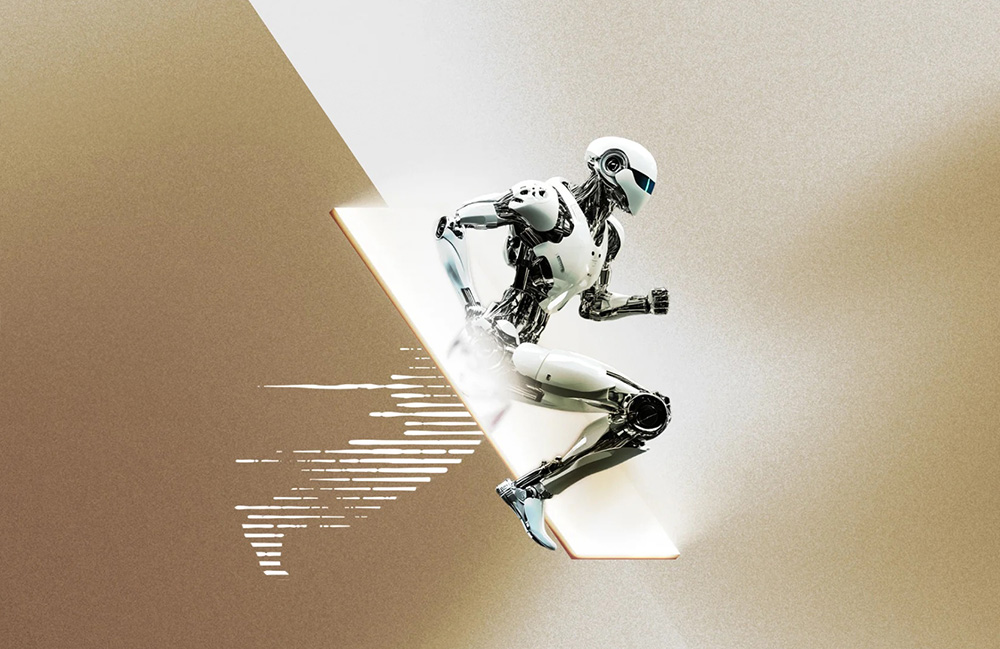 An illustration of a humanoid robot running through a glass barrier. PrismaX is working to support a data flywheel for training physical AI.