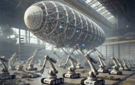 A computer-generated image of futuristic aerospace assembly with swarm robotics.
