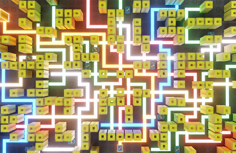 Top-down view of Amazon robots moving shelves in a warehouse.