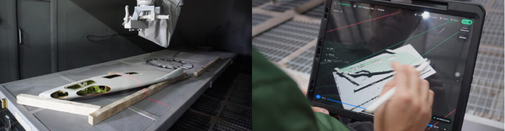Augmentus’ vision system capturing the geometry of a complex airplane wing workpiece using high-precision 3D scanning. The scanned data is then processed through the AutoPath™ software, enabling operators to automatically generate accurate toolpaths without coding—dramatically reducing programming time and eliminating manual teach-in.