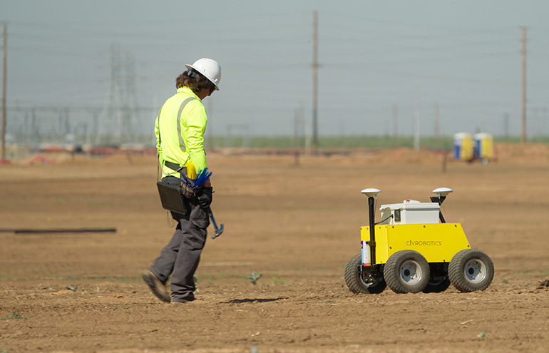 CivDot marks a field checked by a human worker. Civ Robotics is developing technology for new construction applications and markets.