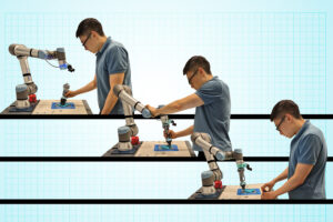 an image showing a person teaching a robot a new skill using three different methods.