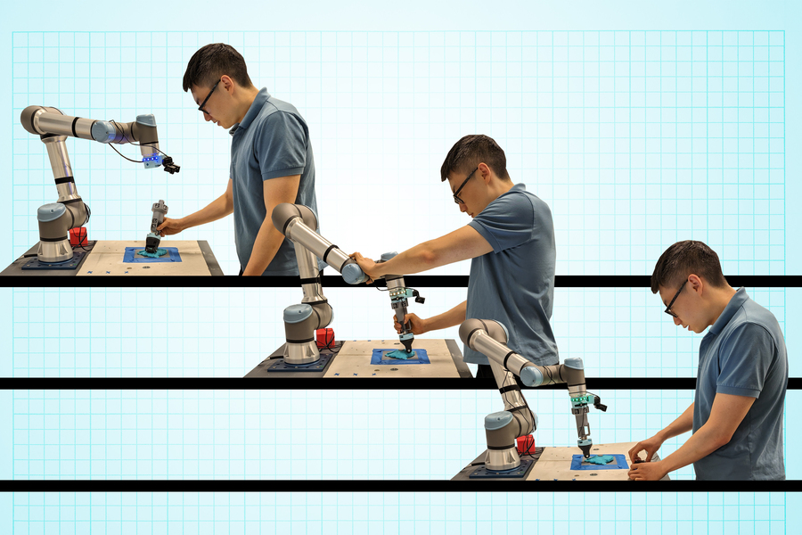 an image showing a person teaching a robot a new skill using three different methods.