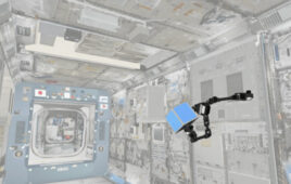 A rendering of a three-armed robot in the international space station.