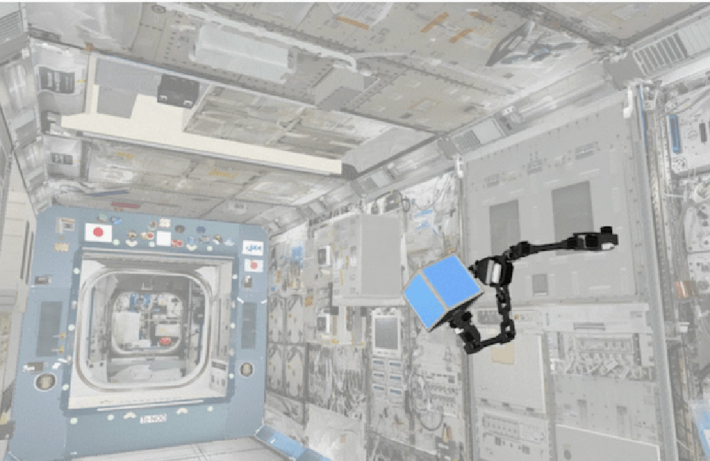 A rendering of a three-armed JAXA robot in the international space station.