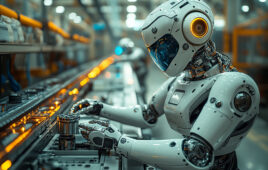 Advanced robot working on an assembly line in a modern factory.