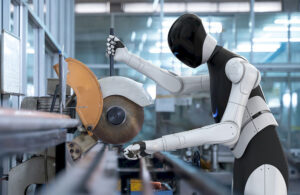 A humanoid robot working at a saw.