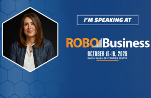 A promotional image for Iman Jeddi's talk at RoboBusiness.