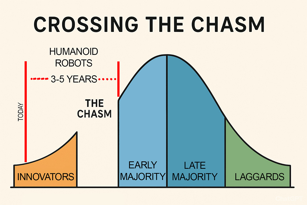 classic crossing the chasm diagram overlayed with humanoid path.