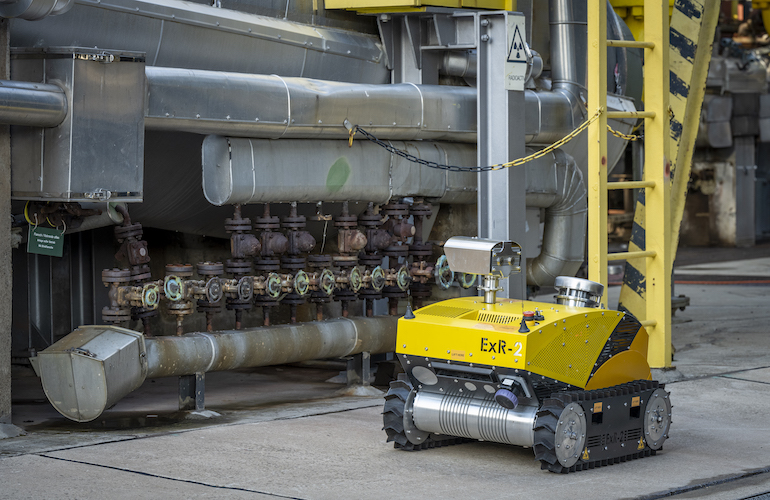Wheeled robot from Energy Robotics conducts critical infrastructure inspection.