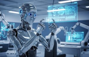 Rendered image of a networked humanoid in a chip fab. Humanoids need orchestration, says Flexxbotics' CEO.