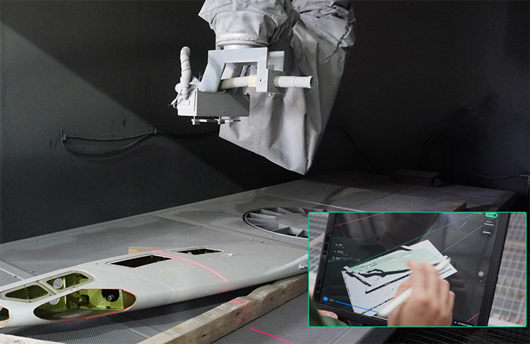 Augmentus provides motion planning for complex production, as seen here with aerospace parts.