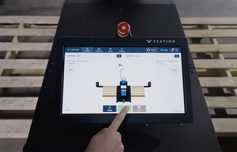 Vention says it can make applications such as palletizing, shown here, easier to program.