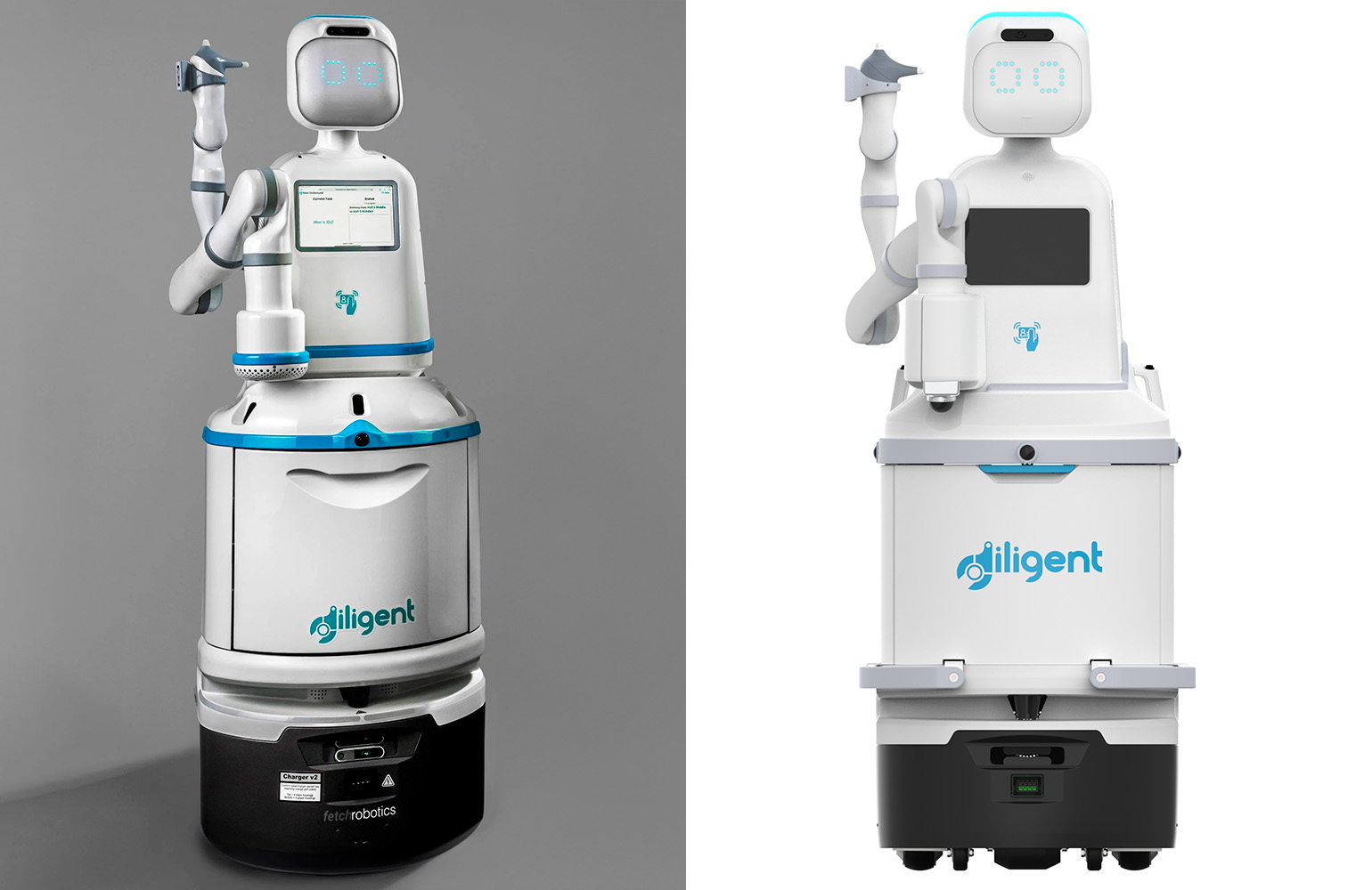 On the left, the current Moxi robot, and on the right, the new Moxi 2.0.