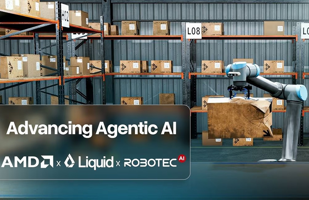 Robotec.ai, Liquid AI, and AMD logos with a warehouse robot.