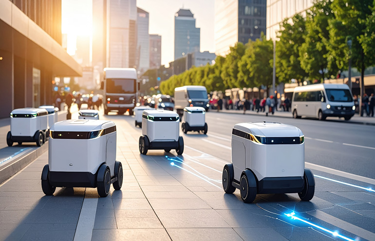 A fleet of self-driving delivery robots travel along a city sidewalk, with sunlight and buildings in the background, demonstrating the importance of connectivity.