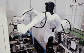 Agibot humanoid robot in an assembly workcell.