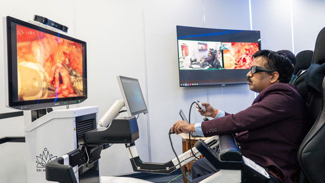 Dr. Chandra Mohan Vaddi performs remote surgery in India using SS Innovations' SSi Mantra.