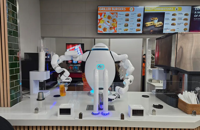 ADAM robot from Richtech Robotics at work in a restaurant setting.