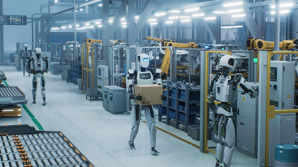 Humanoid robots working in a factory.
