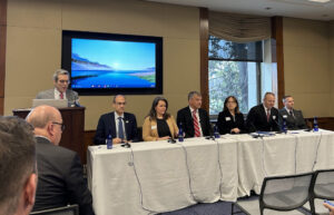 Jeff Burnstein, president of A3, introduced the panel discussion, which included, from left, Boston Dynamics' Brendan Schulman, Path Robotics' Heather Carroll, Intrinsic's Torsten Kroger, LCCC's Terri Santu, and MCCCT's Jason Moore and Matt Peters.