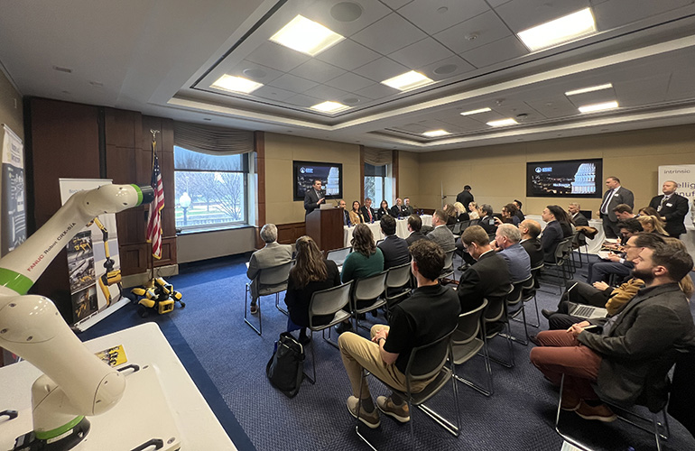 Rep. Jay Obernolte, co-chair of the Congressional Robotics Caucus, addresses a meeting in the Rayburn House Office Building.