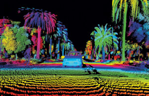 Luminar developed longer-range lidar for autonomous vehicles, with color-coded point cloud shown here.