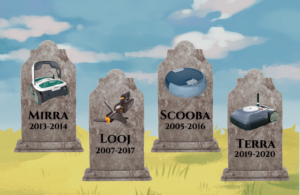 An illustration of a graveyard featuring past iRobot products.