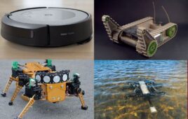 In the top row, a Roomba and Packbot. In the bottom row, Genghis and Ariel.