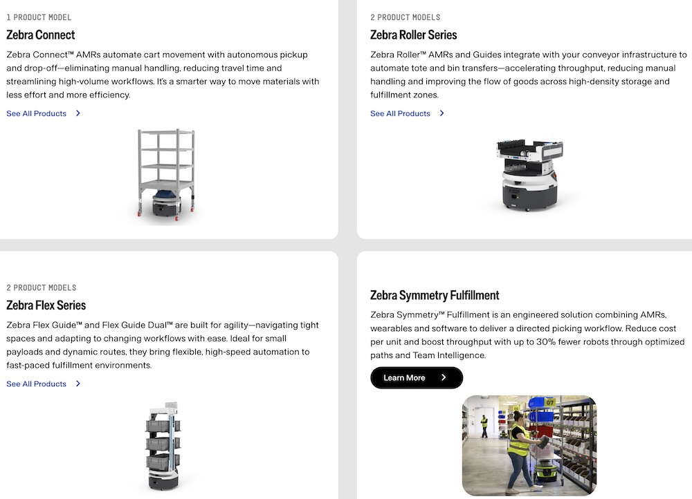screenshot of Zebra Technologies' AMR portfolio.