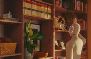 A NEO robot from 1X dusting shelves.